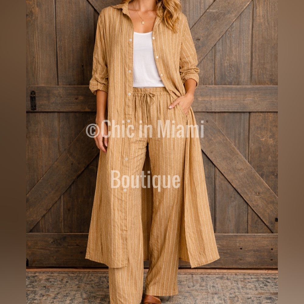 Puro Lino Made in Italy Pinstripe Maxi Dress and Drawstring Pants Set